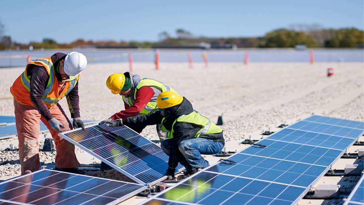 Solar panel installation on residential roof harnessing renewable energy